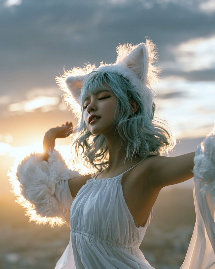 A young woman with light blue hair and cat ears headband poses outdoors during golden hour, wearing a white dress.