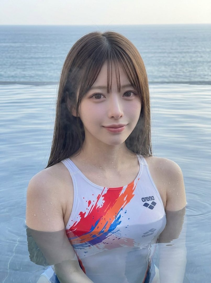 A young woman with long brown hair and bangs is in a swimming pool, wearing a white swimsuit with colorful splatters, with the ocean visible in the background.