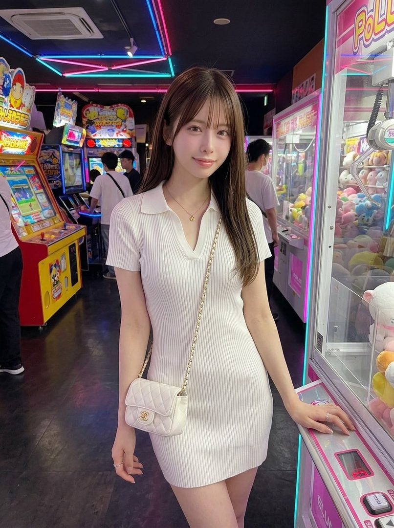 A young woman with long brown hair and bangs, wearing a white ribbed mini dress and a white quilted shoulder bag, stands in an arcade with neon lights.