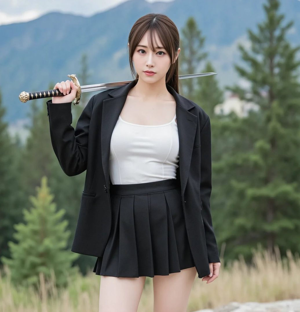 A young woman in a black blazer and pleated skirt holds a sword over her shoulder in a mountainous outdoor setting.