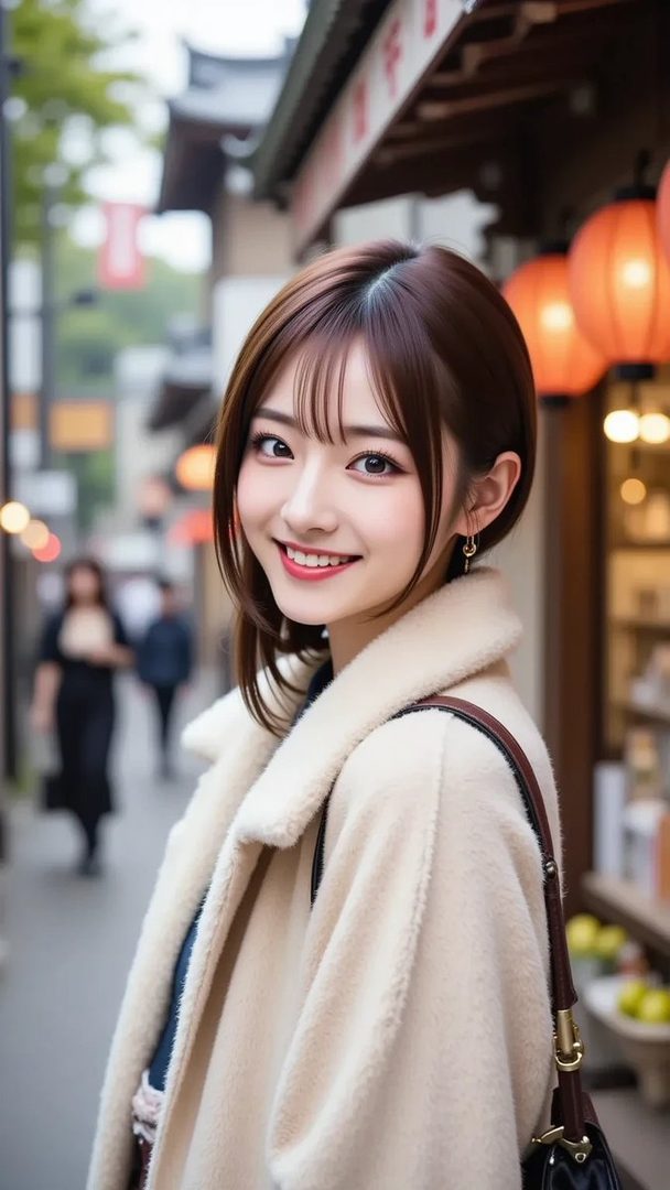 A smiling woman with short brown hair and bangs, wearing a cream-colored coat, stands on a street with traditional Japanese lanterns in the background.