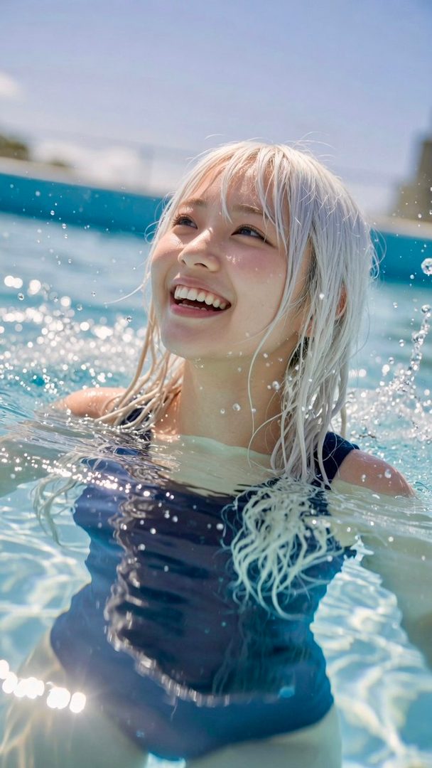 A young woman with blonde hair smiles brightly while in a swimming pool, with water splashing around her.