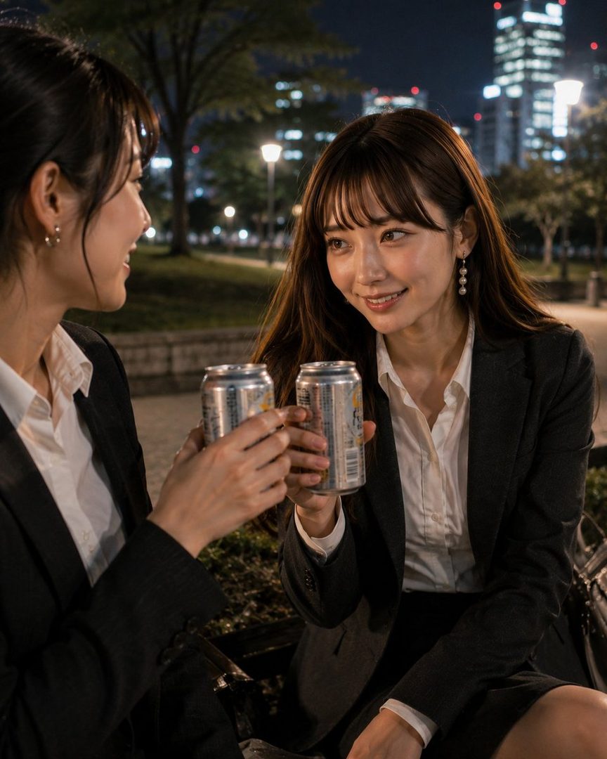 Two young women in business suits clink beer cans in a park at night, smiling at each other.