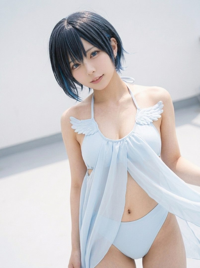 A photorealistic image of a young woman with short black and blue hair wearing a light blue swimsuit with wing details and a sheer cover-up.