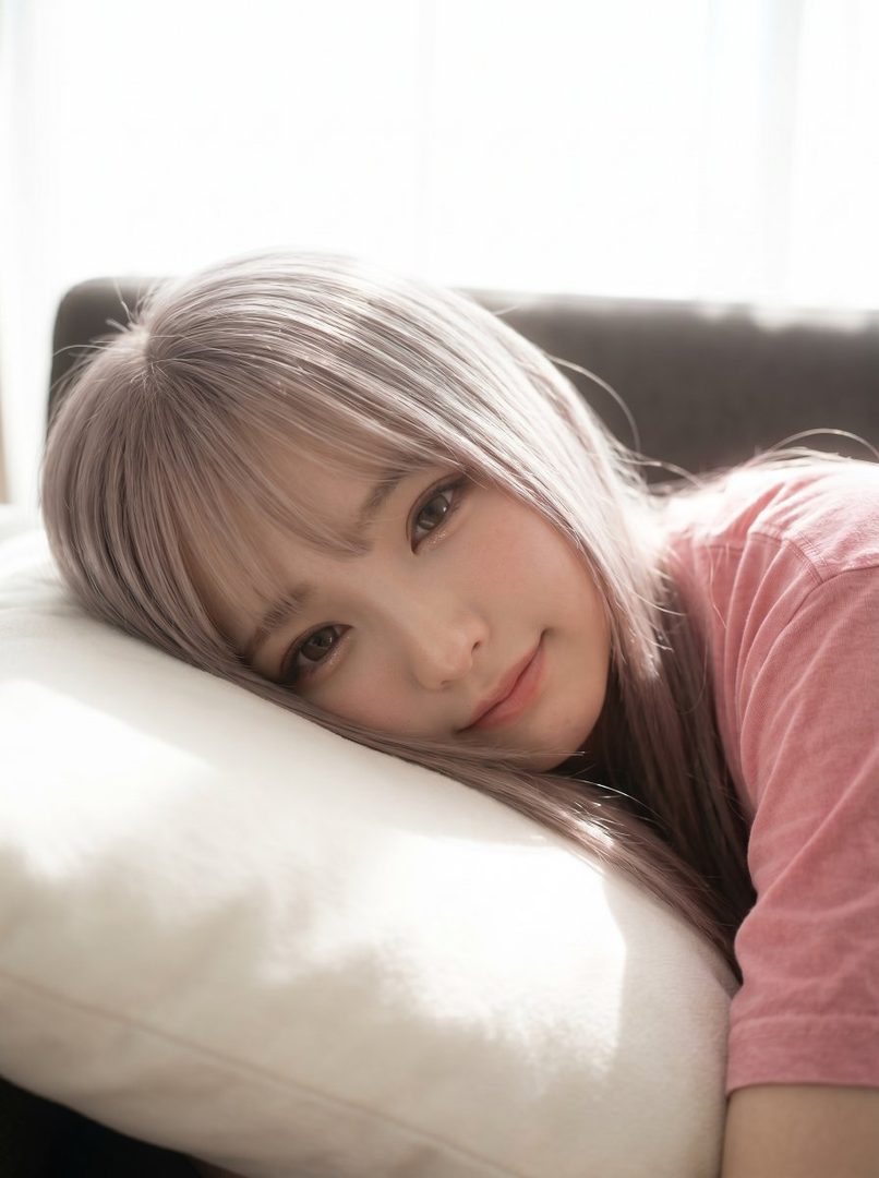 A young woman with light purple hair and bangs lies on a white pillow, wearing a pink t-shirt, with soft light illuminating her face.