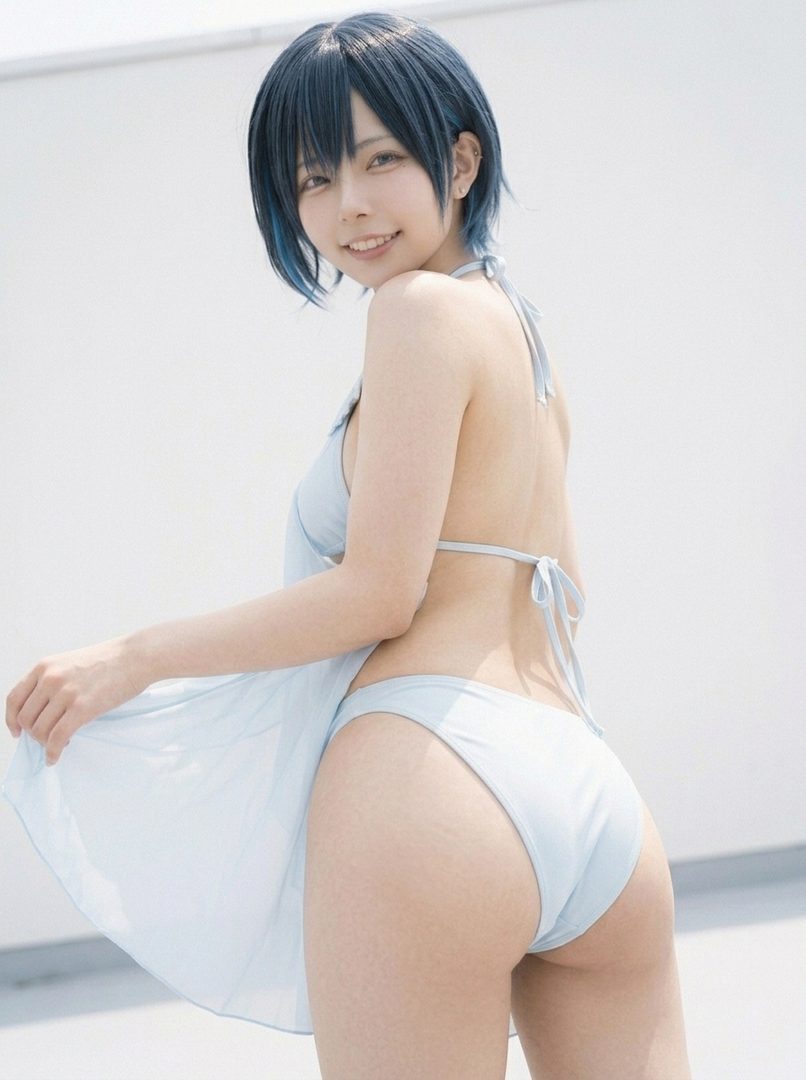 A smiling woman with short blue hair poses in a light blue swimsuit outdoors.