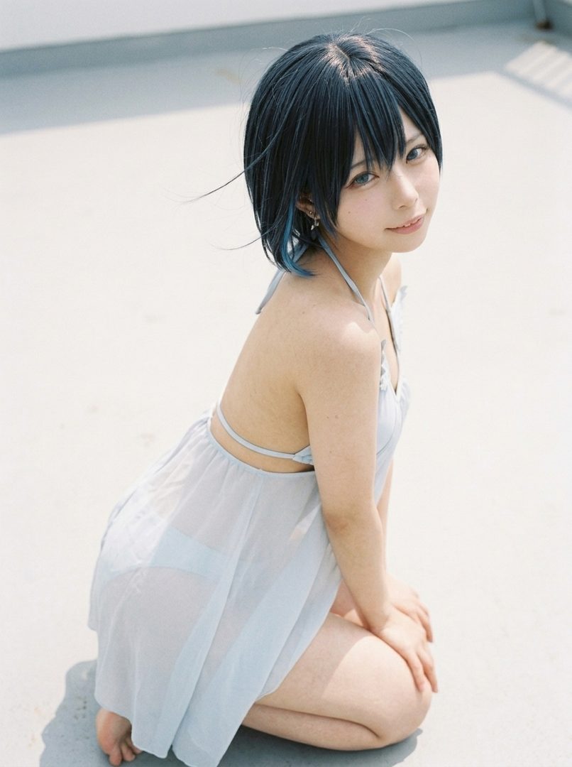 A young woman with short black hair and blue highlights kneels outdoors, wearing a light blue sheer cover-up over a swimsuit, looking back at the camera.