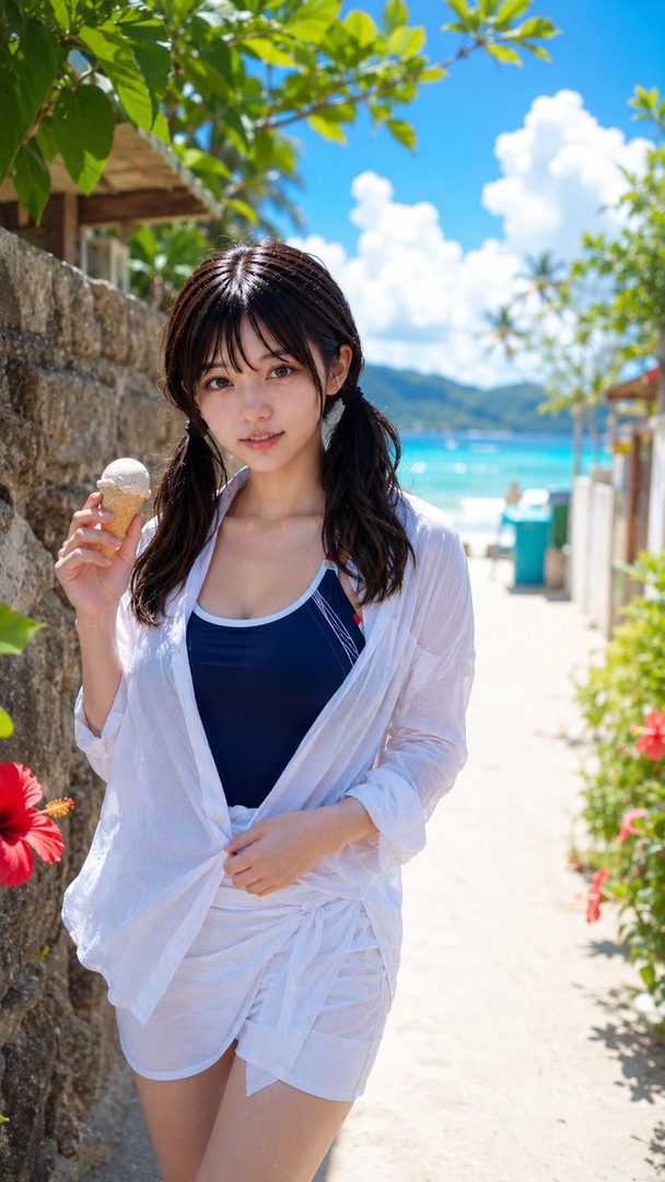 A young woman with black hair in twintails and bangs, wearing a blue swimsuit under a white sheer shirt and shorts, holds an ice cream cone while standing on a path near a tropical beach.