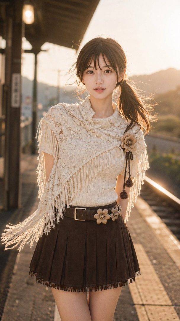 A young woman with brown hair in a ponytail and bangs, wearing a white top with a fringed shawl and a brown pleated skirt, stands on a train platform during golden hour.