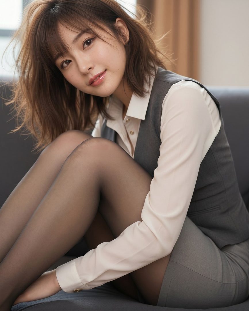 A photorealistic portrait of a young woman with short brown hair, wearing a white blouse and grey vest, sitting indoors.