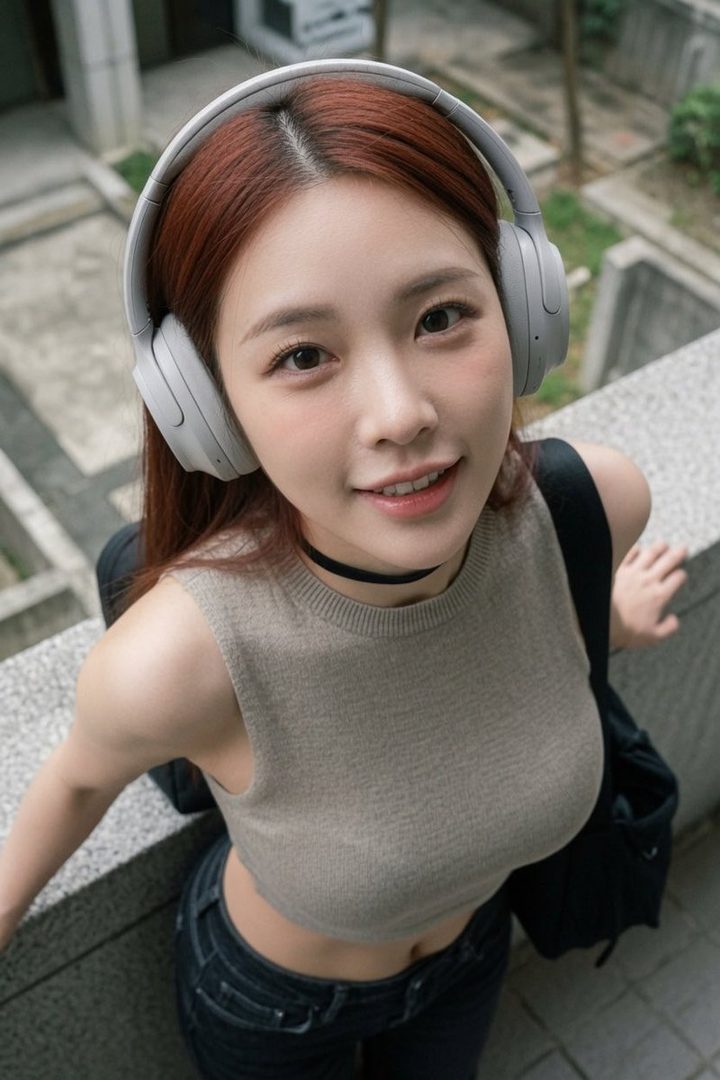 A young woman with red hair and headphones looks up at the camera from an outdoor setting.