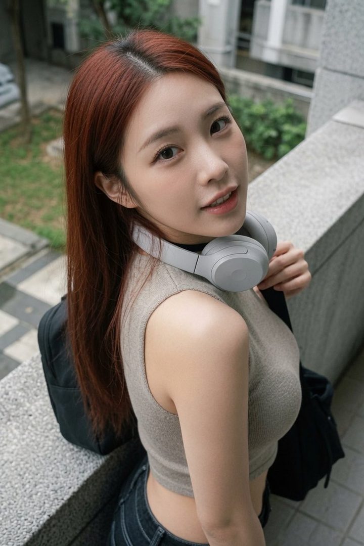 A young woman with long red hair and headphones around her neck looks back at the camera outdoors.