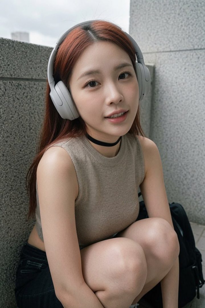 A young woman with red hair and headphones crouches outdoors, looking at the camera with a slight smile.