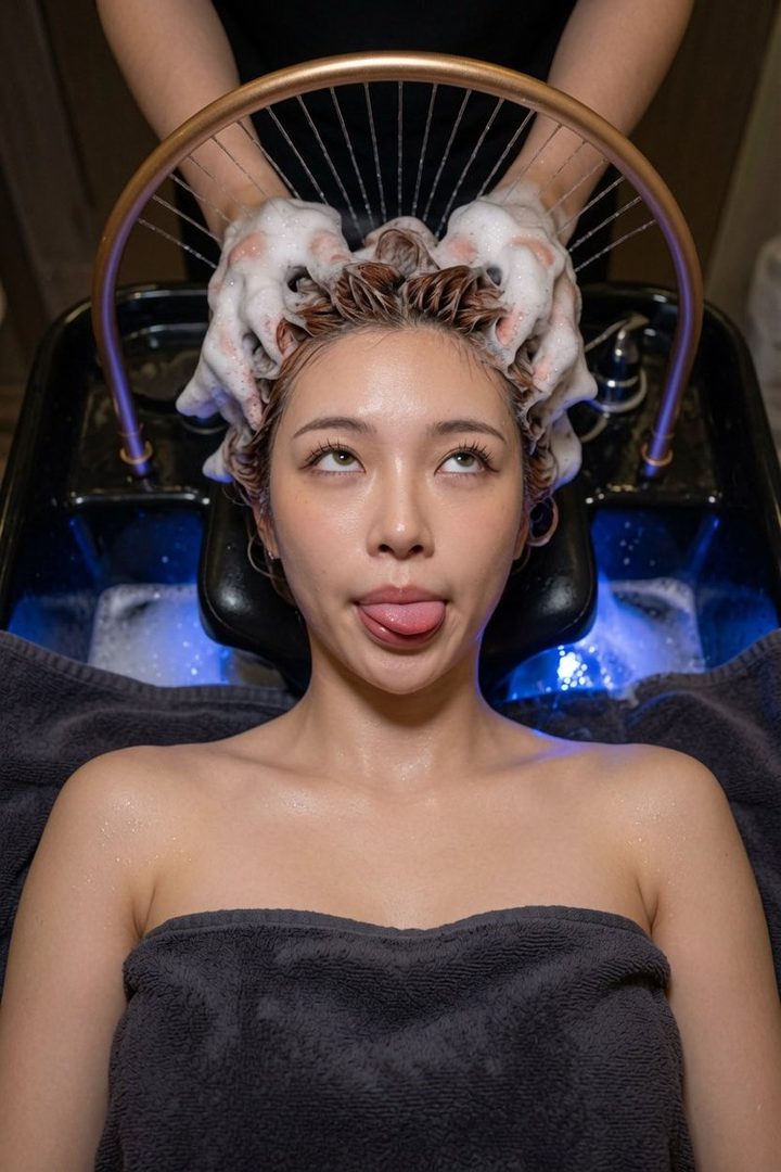 A woman with blonde hair and a towel wrapped around her chest is getting her hair washed in a salon, making a playful face with her tongue out and eyes rolled up.