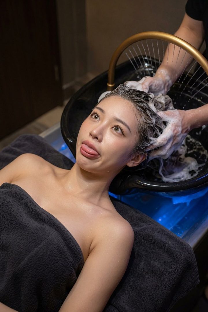 A woman with black hair is getting her hair washed at a salon, making a playful face with her tongue out.