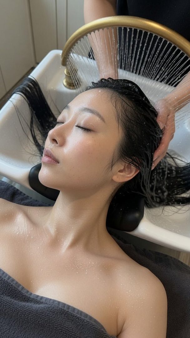 A woman with long black hair is getting her hair washed at a salon, with water flowing from a golden faucet.