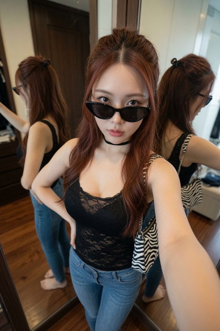 A young woman with red hair and sunglasses takes a mirror selfie indoors, wearing a black lace top and jeans.