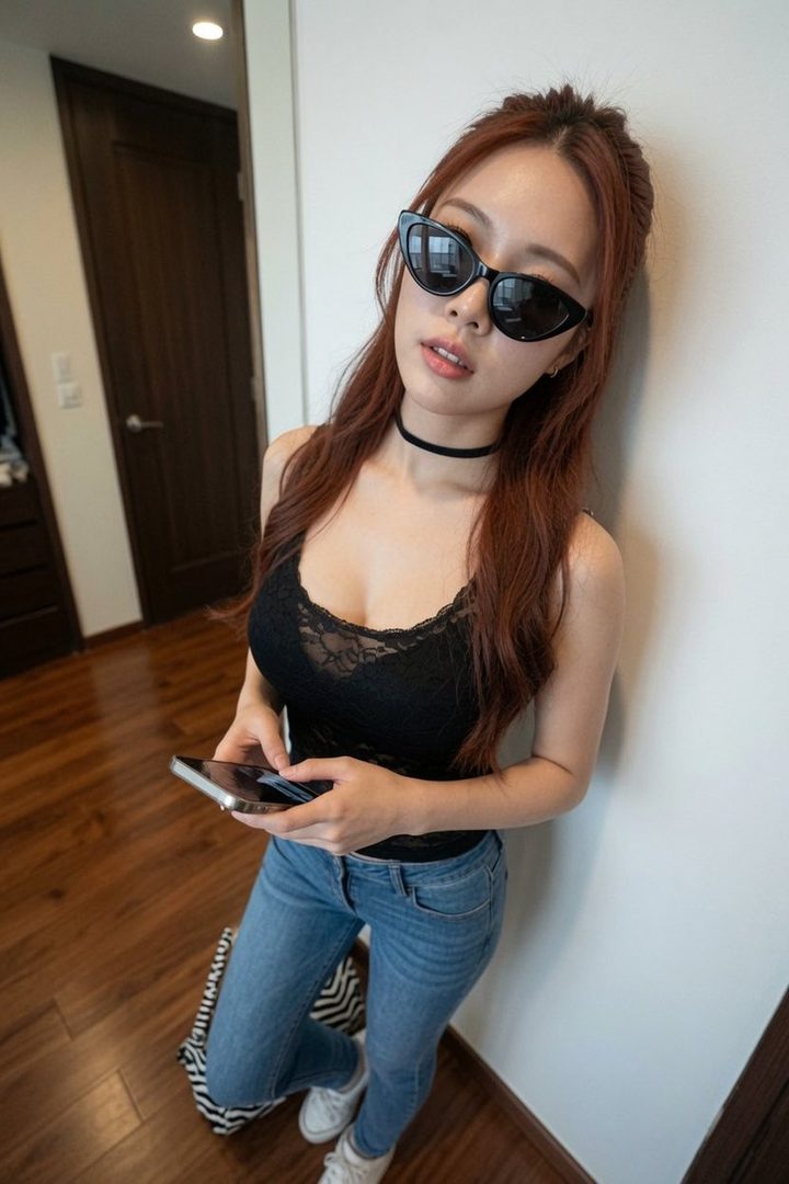 A young woman with long red hair and sunglasses, wearing a black lace top and jeans, stands indoors while looking at her phone.
