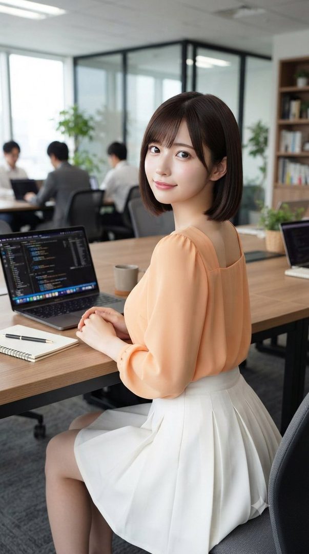 A young woman with short brown hair and bangs, wearing a peach blouse and white pleated skirt, sits at a desk with a laptop in an office setting, looking back at the viewer.