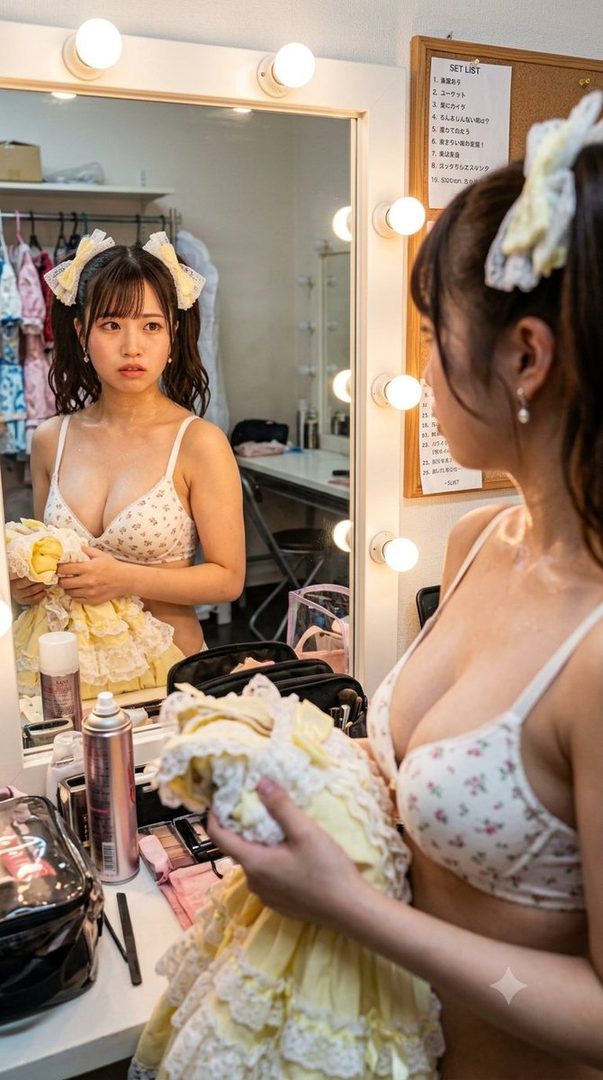 A young woman with brown twintails and bangs, wearing a floral bra, looks into a mirror in a dressing room, holding a yellow frilly dress.