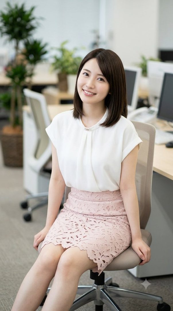 A smiling woman with short brown hair wearing a white blouse and a pink lace skirt sits in an office chair.