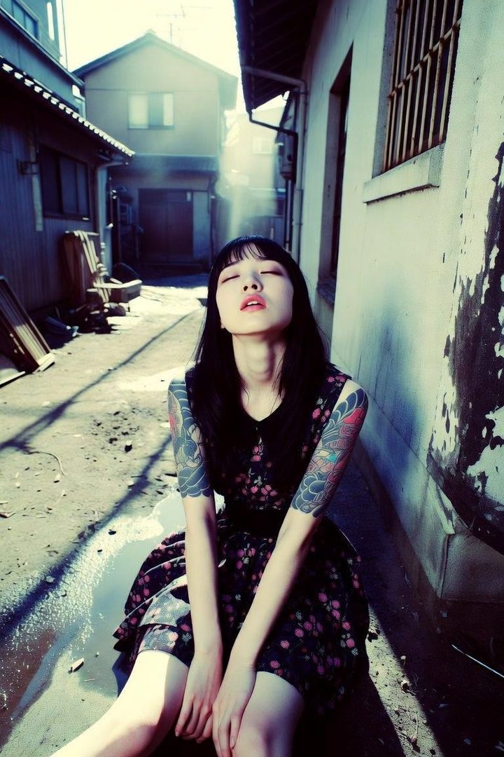 A young woman with black hair and bangs, wearing a floral dress, sits in a narrow alleyway with her eyes closed and head tilted back, bathed in sunlight.