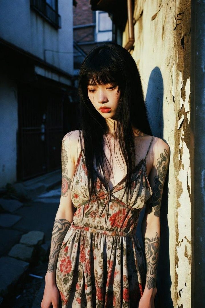 A young woman with long black hair and bangs, wearing a floral dress, stands in a narrow alleyway with sunlight casting shadows.
