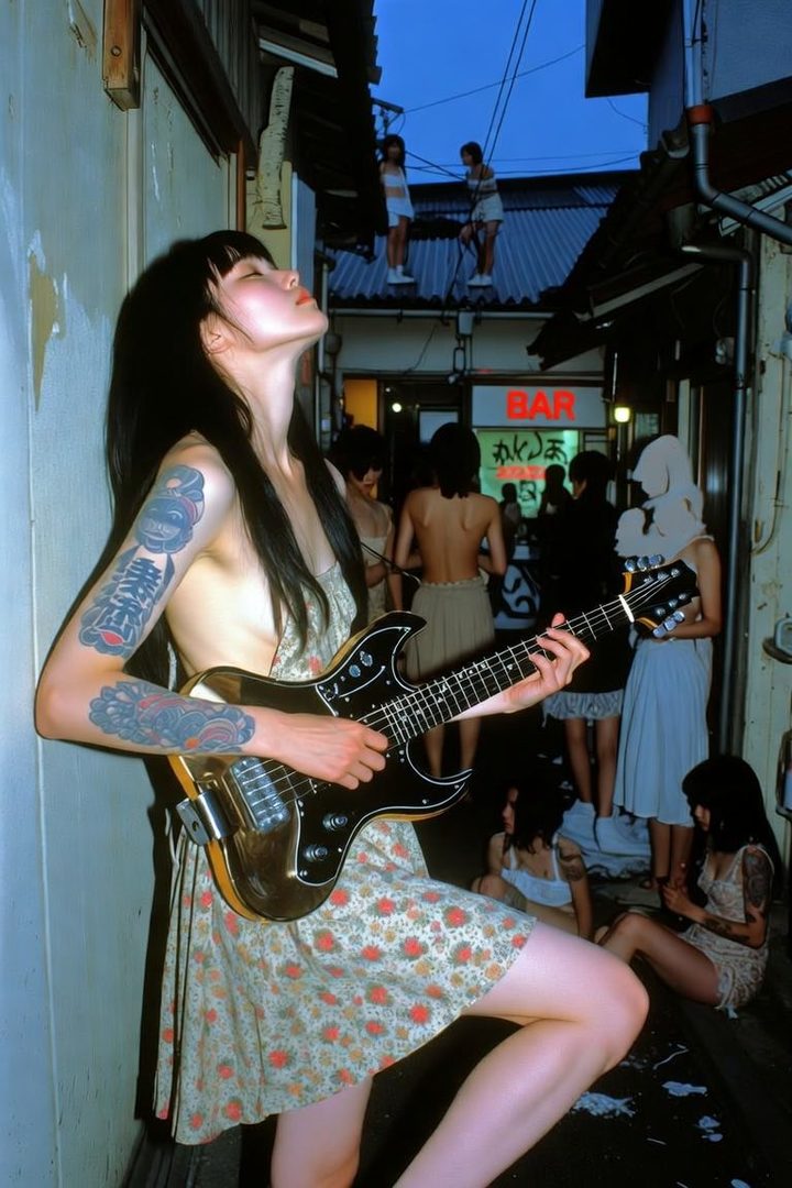 A woman with long black hair and tattoos on her arms plays an electric guitar in a narrow alley at night, with other people in the background.