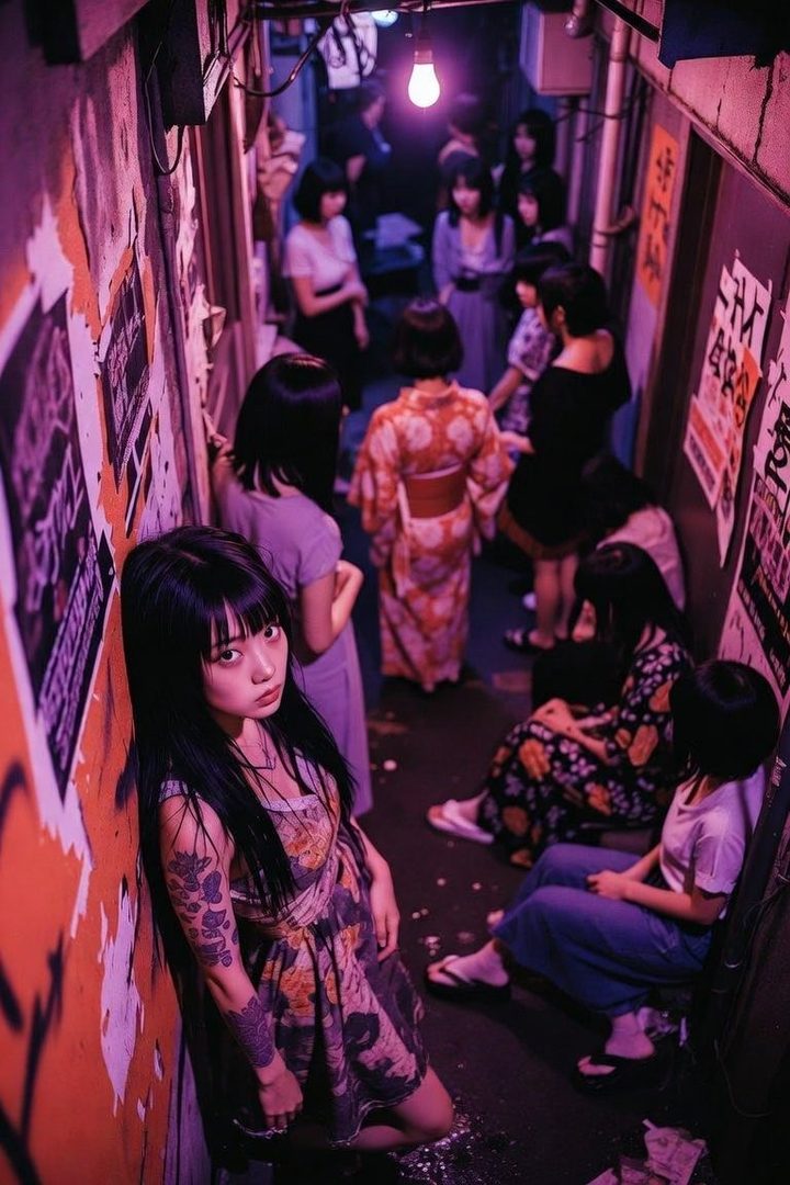 A group of Japanese women in a narrow, dimly lit alleyway, with one woman in the foreground looking directly at the camera.