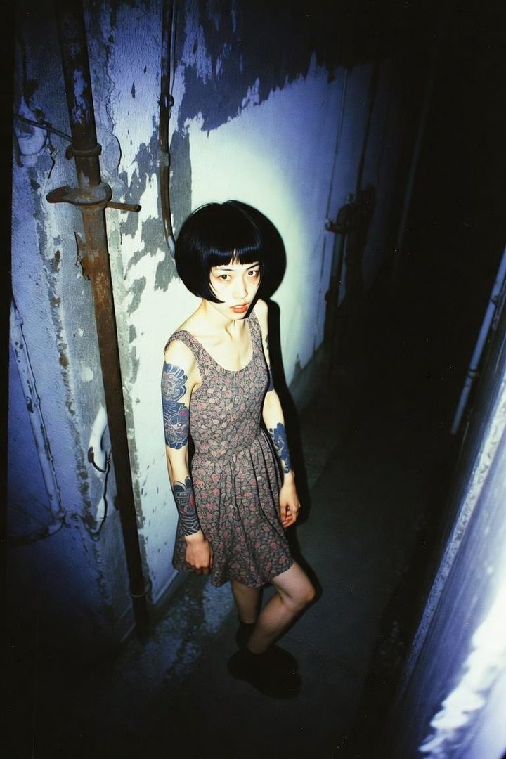A woman with a bob haircut and tattoos on her arms stands in a dimly lit, narrow indoor space.