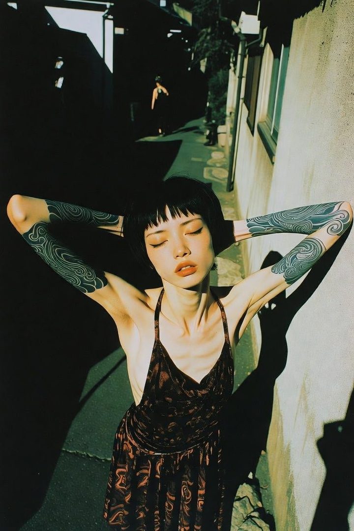 A woman with short black hair and tattoos on her arms poses in a dark alleyway, looking up with her eyes closed.