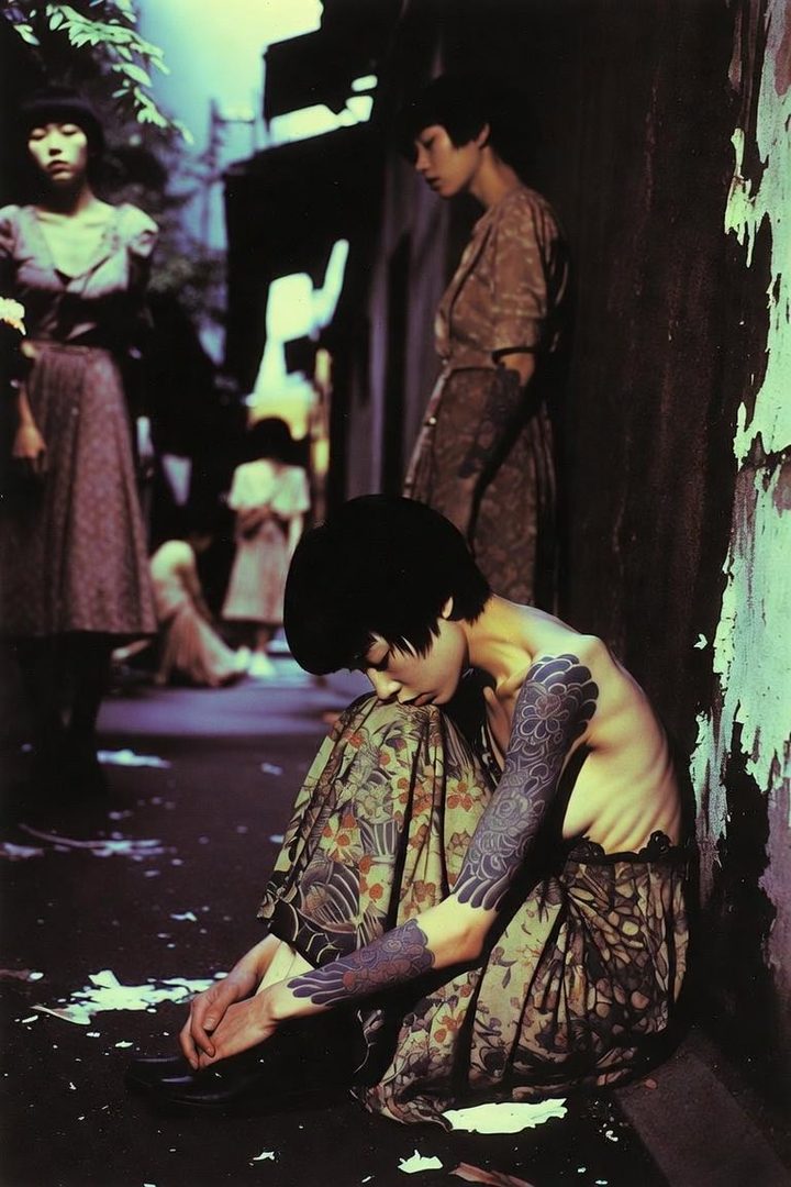 A photorealistic image of a woman with short black hair and tattoos on her arms, sitting on a dark street with other women in the background, in a nostalgic and cinematic style.