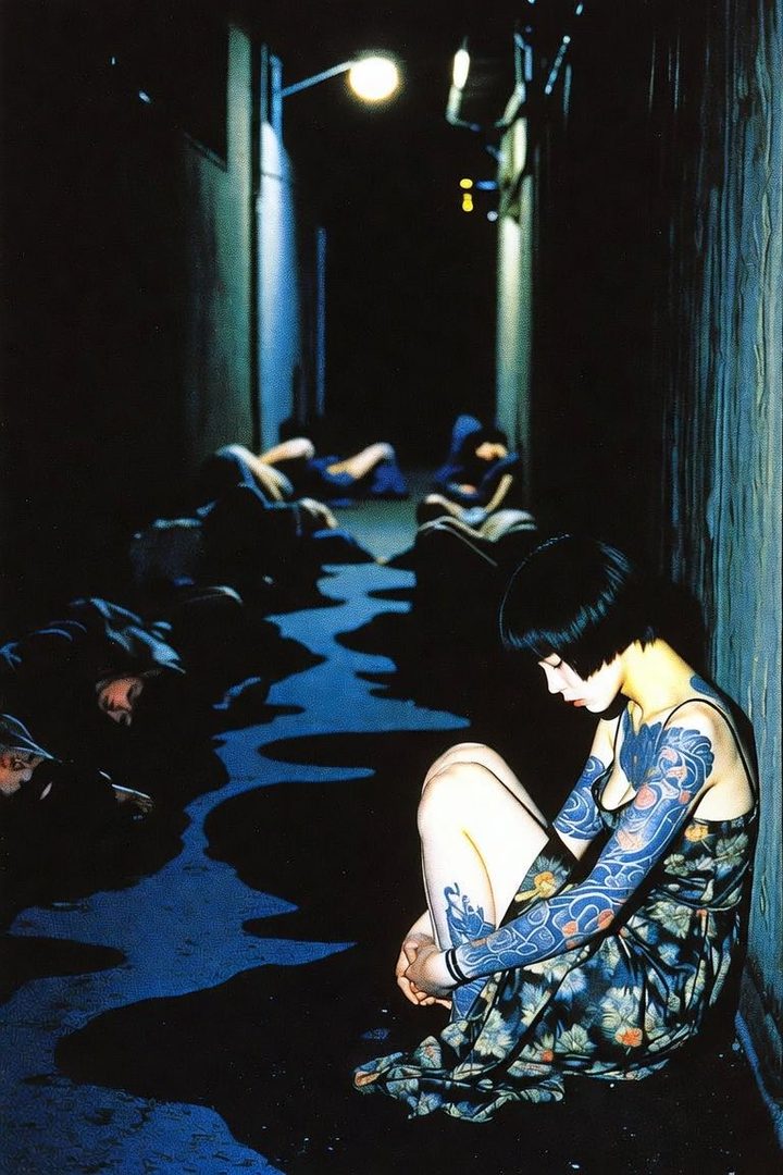 A woman with short black hair and full arm tattoos sits on a dark, wet alley floor at night, illuminated by a street light.