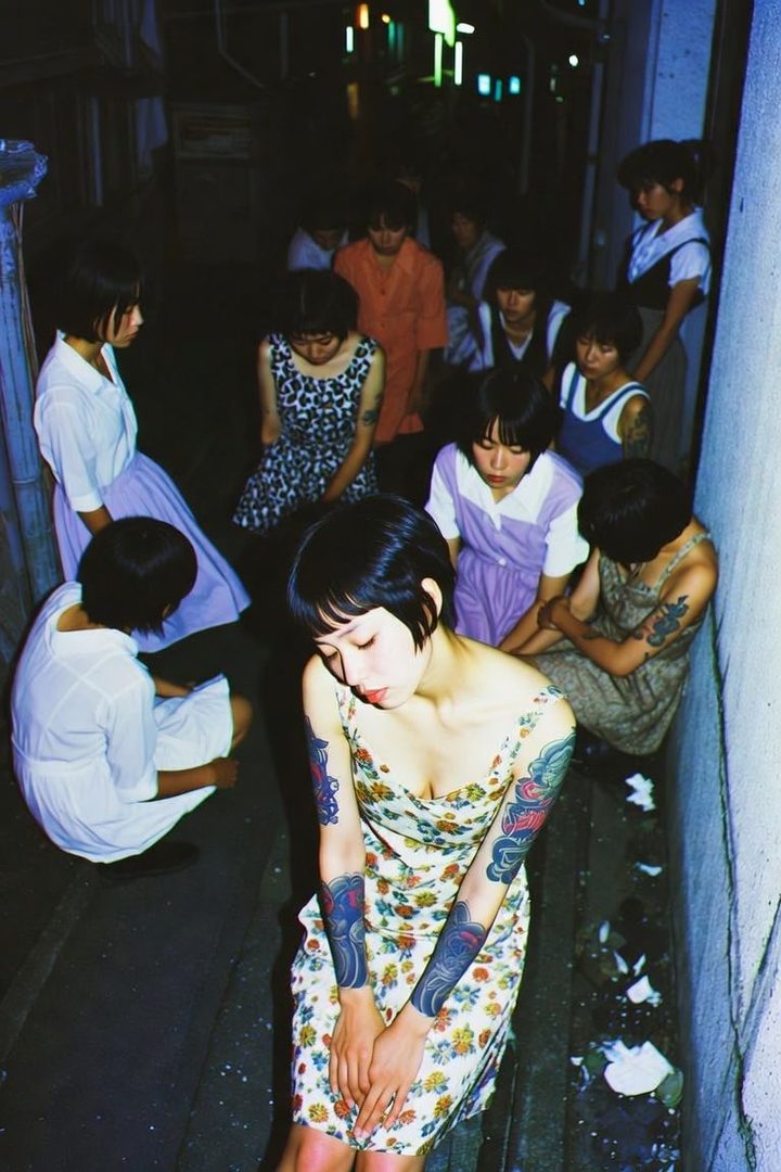 A group of young women with short black hair are gathered in a narrow alley at night, with one woman in a floral dress and tattoos on her arms in the foreground.