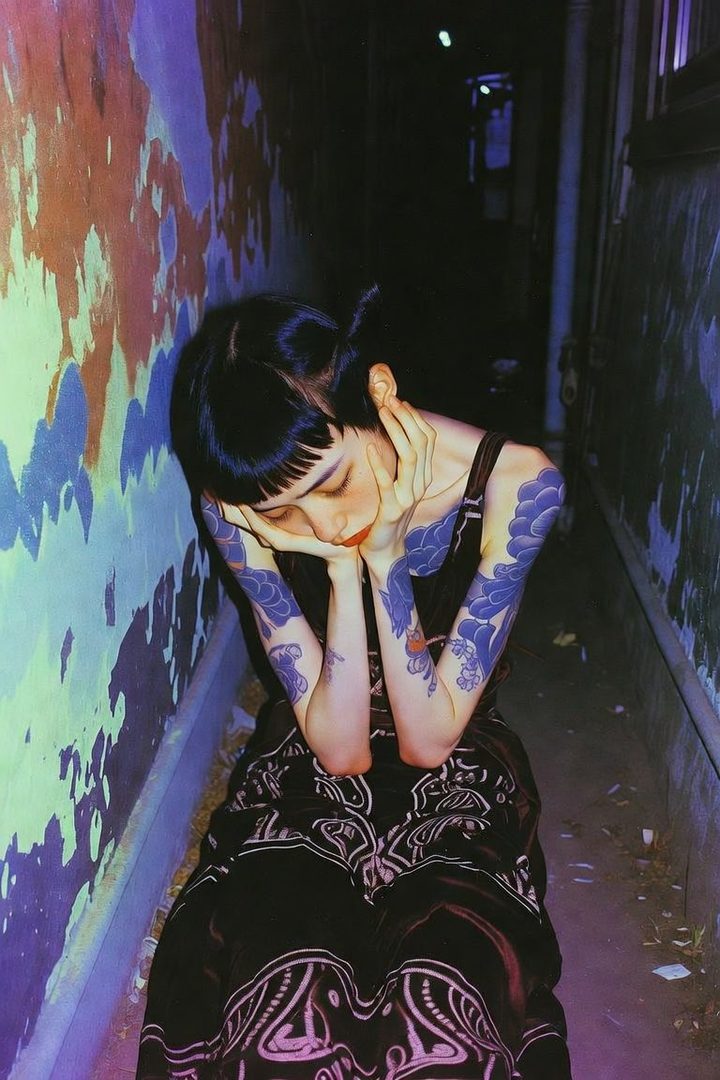 A woman with black hair and blue tattoos on her arms sits in a dark alleyway, resting her head on her hands.