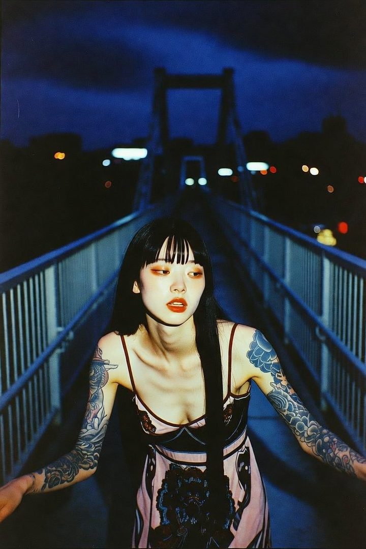 A woman with long black hair and bangs, wearing a patterned dress, stands on a bridge at night with city lights in the background.