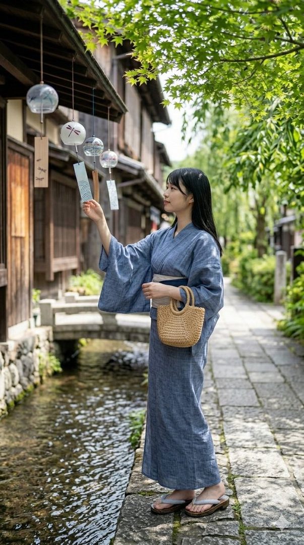 A young woman in a blue yukata stands by a canal, reaching for a wind chime hanging from a traditional Japanese building.