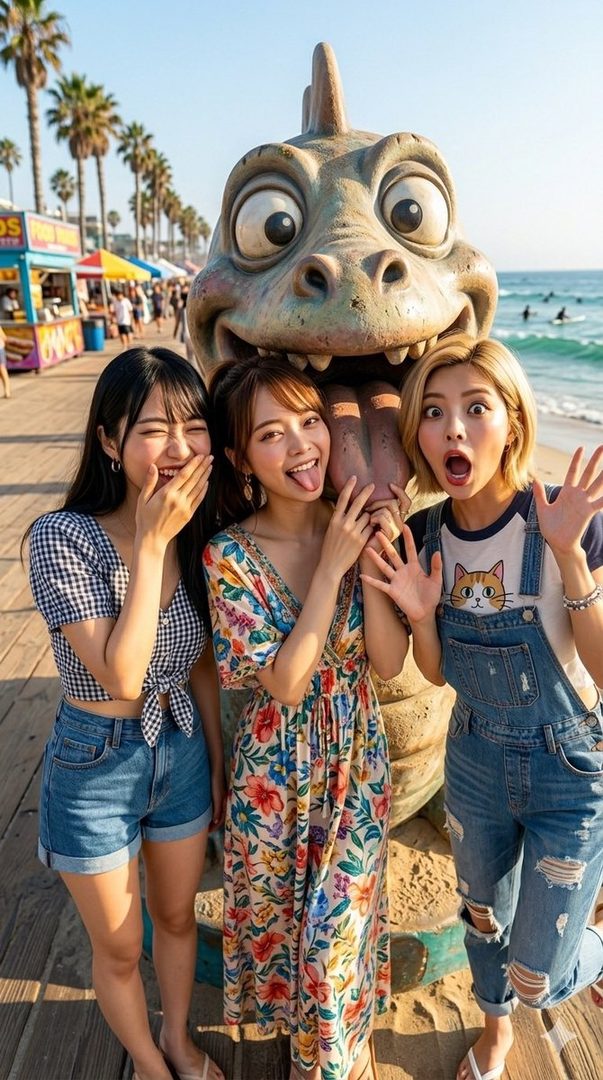 Three young women posing playfully with a dinosaur statue on a boardwalk by the beach.