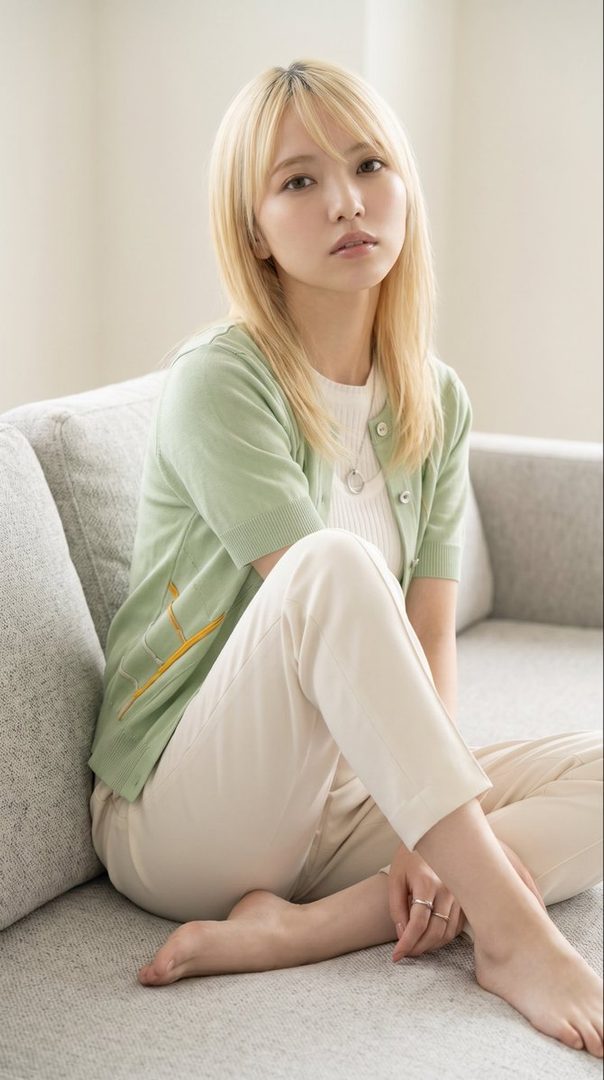 A young woman with blonde hair and a green cardigan sits barefoot on a gray sofa, looking calmly at the camera.