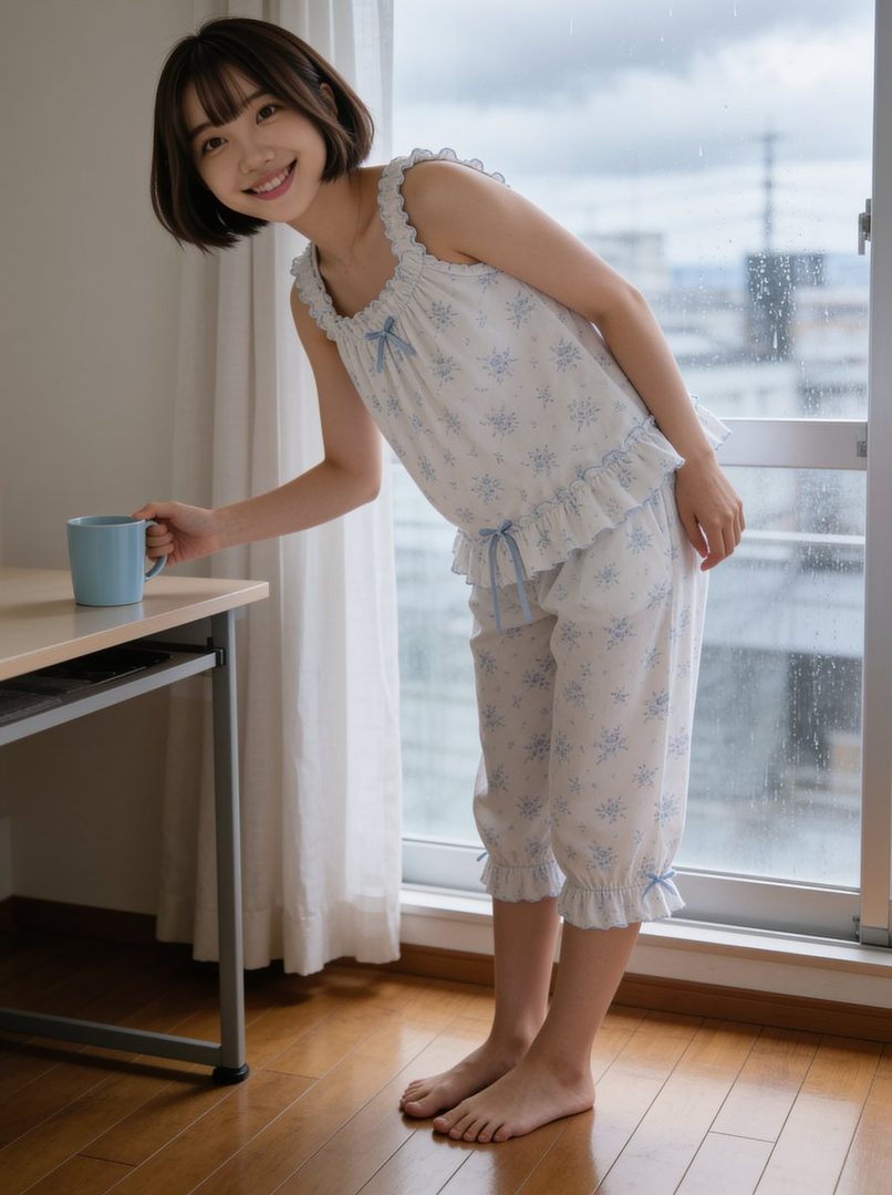 A young woman with short brown hair and bangs, wearing white and blue floral pajamas, smiles while holding a light blue mug by a window.