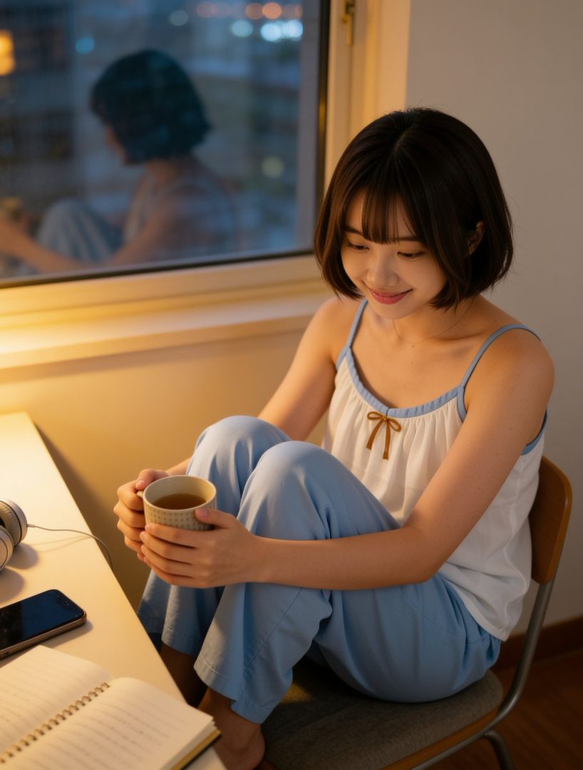 A young woman with short brown hair and bangs sits by a window at night, holding a cup of tea and looking down with a gentle smile.