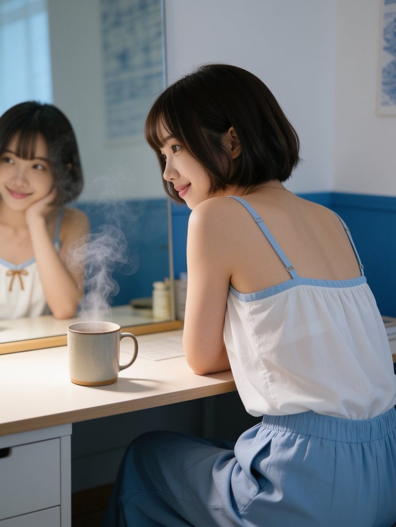 A young woman with short black hair and bangs, wearing a white and blue camisole and blue pants, sits at a desk with a steaming mug, looking at her reflection in a mirror.