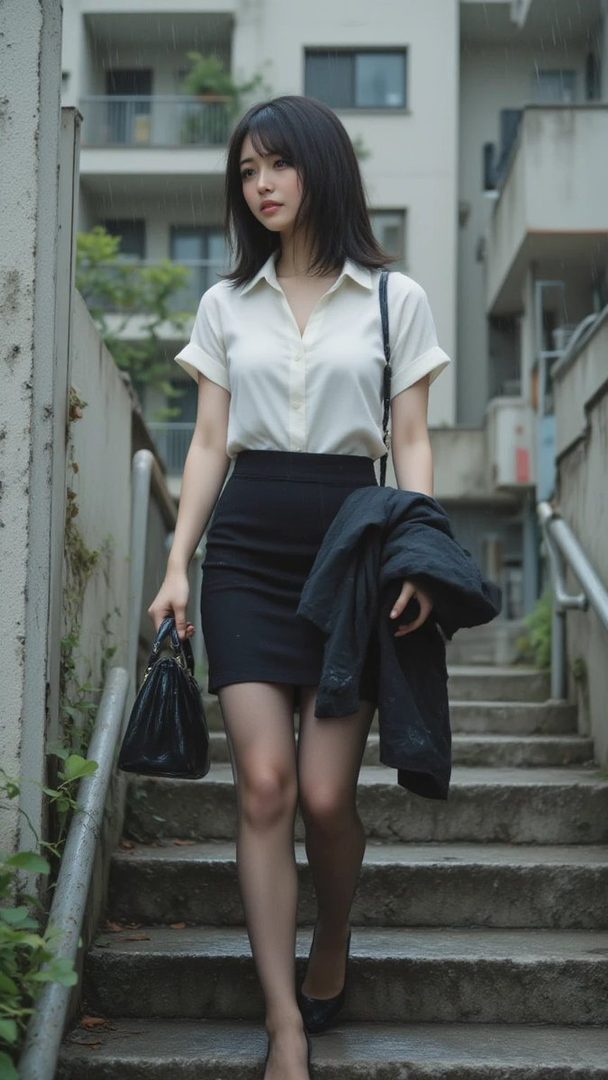 A young woman with short black hair, wearing a white blouse and black skirt, walks down outdoor stairs with a handbag and jacket.