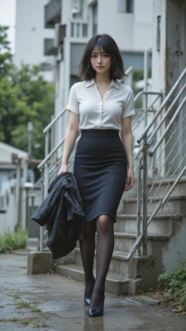 A young woman with short black hair, wearing a white short-sleeved shirt and a black pencil skirt, walks down a wet street with a jacket in her hand.