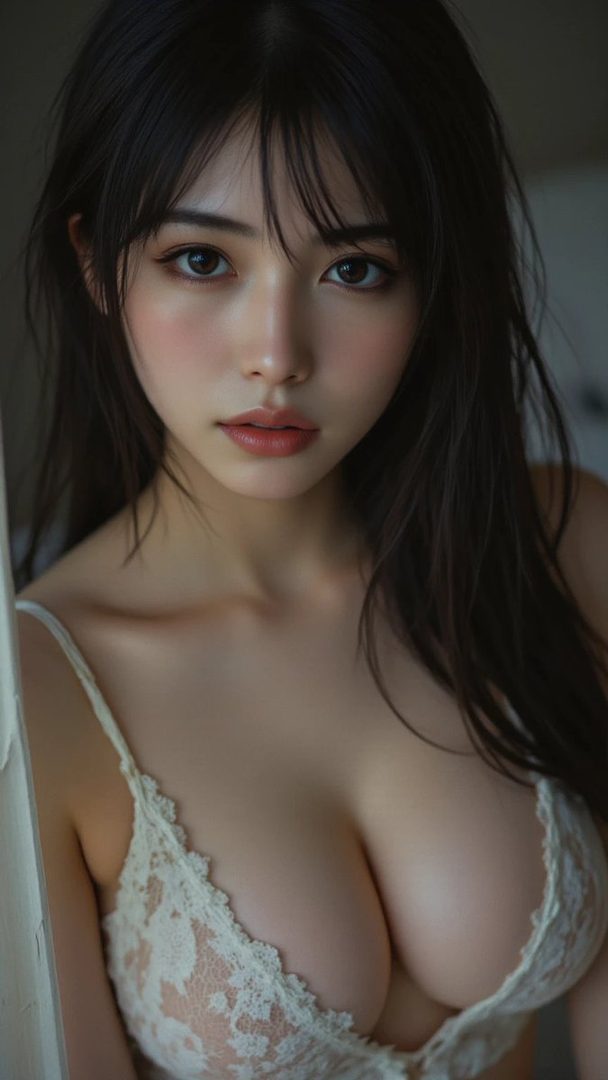 A photorealistic portrait of a young East Asian woman with long black hair and bangs, wearing a white lace bralette, looking directly at the camera.