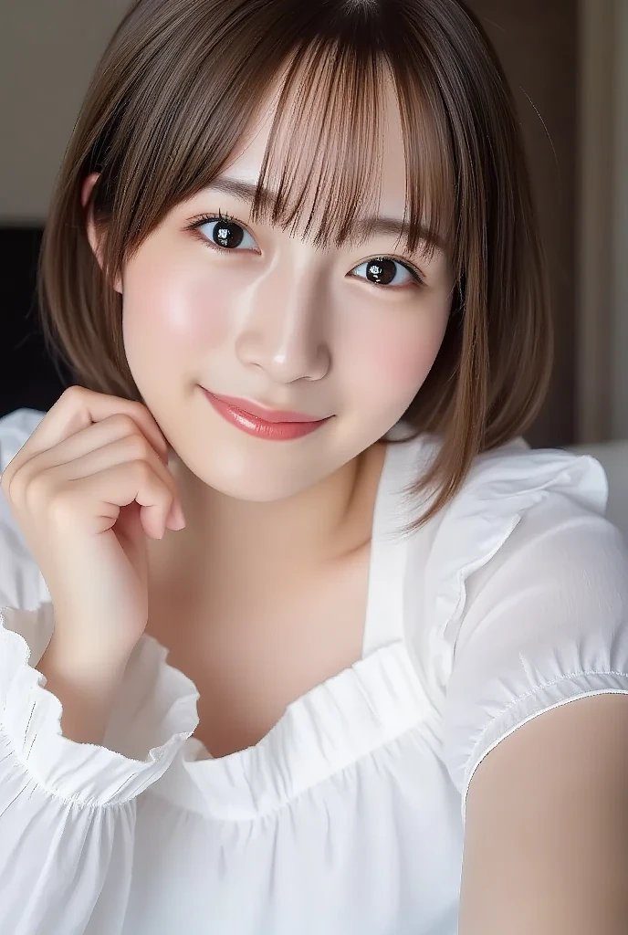 A photorealistic portrait of a young Japanese woman with short brown hair and bangs, wearing a white ruffled blouse, smiling gently at the camera.