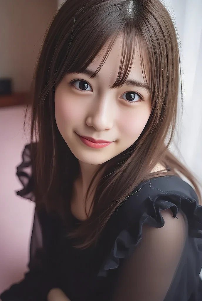 A photorealistic portrait of a young Japanese woman with long brown hair and bangs, wearing a black ruffled blouse, looking directly at the camera with a gentle smile.