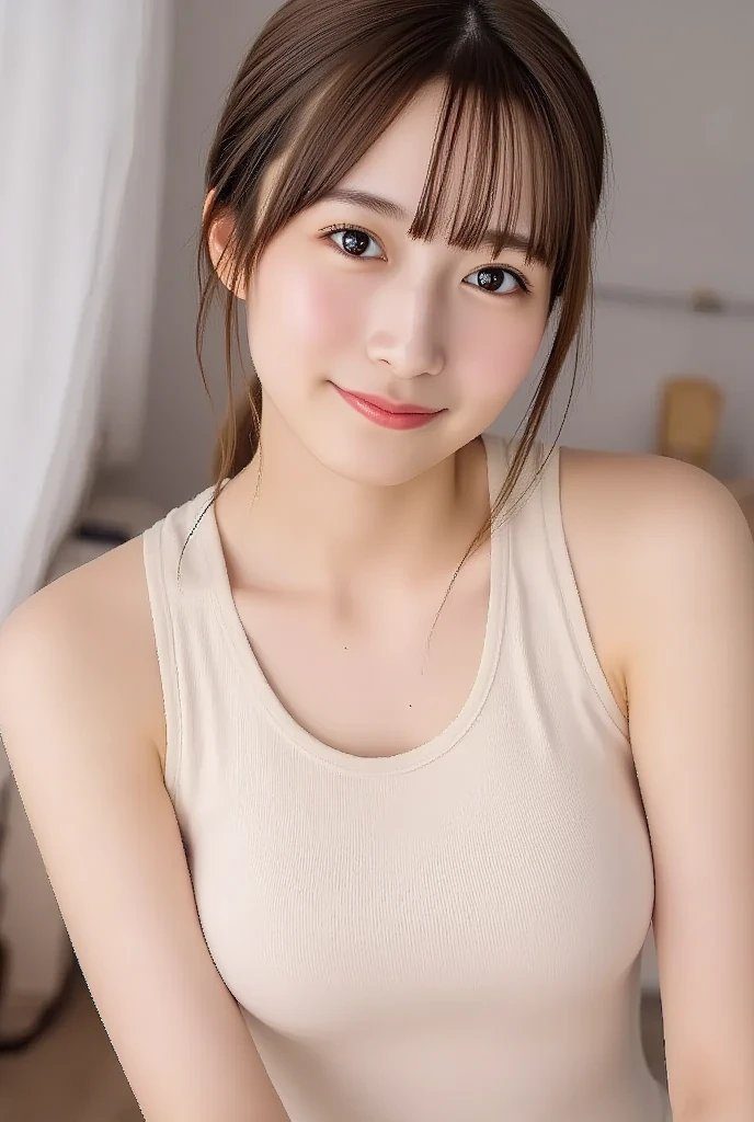 A photorealistic portrait of a young East Asian woman with brown hair and bangs, wearing a light-colored knit tank top, smiling gently at the camera.