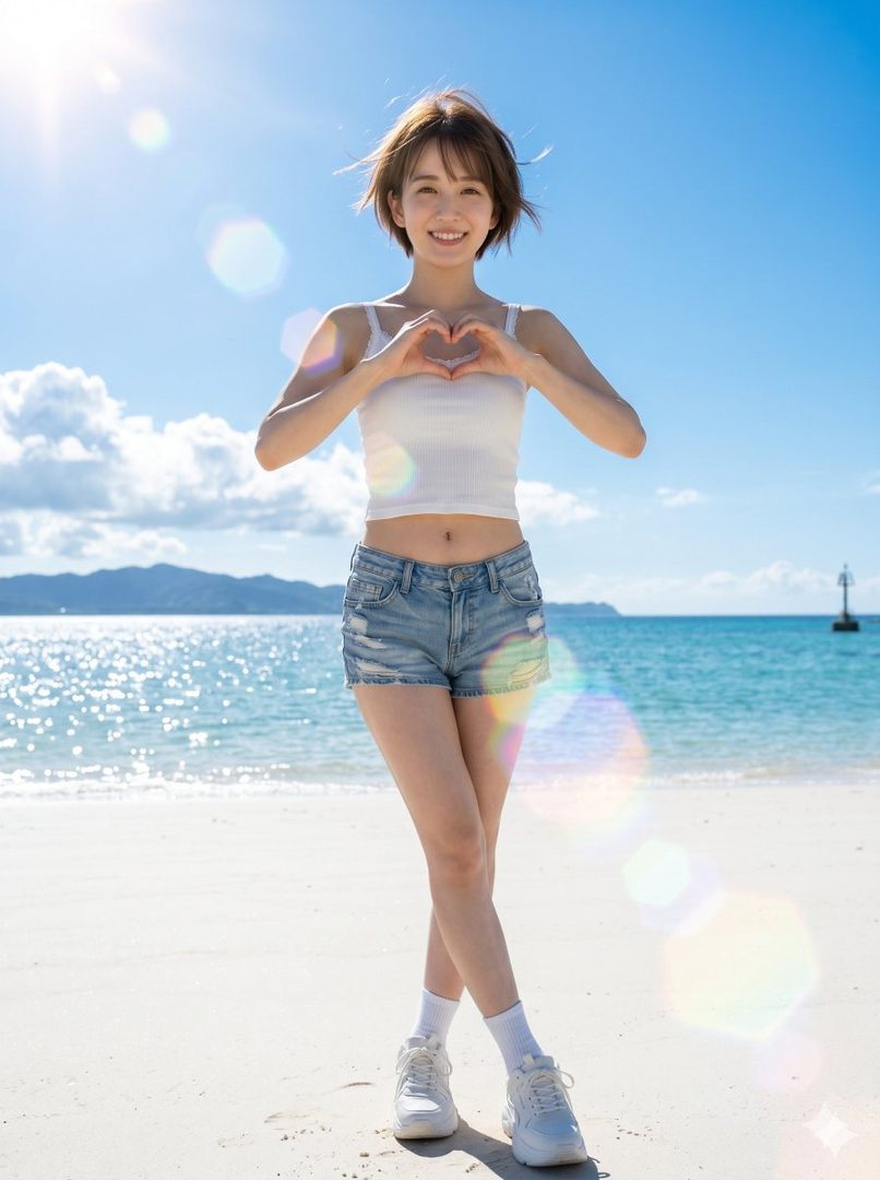 A smiling woman with short brown hair makes a heart shape with her hands on a sunny beach.