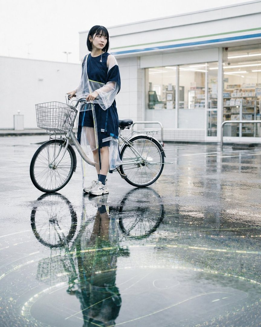 A young woman with short black hair stands next to a bicycle on a wet street in front of a convenience store.